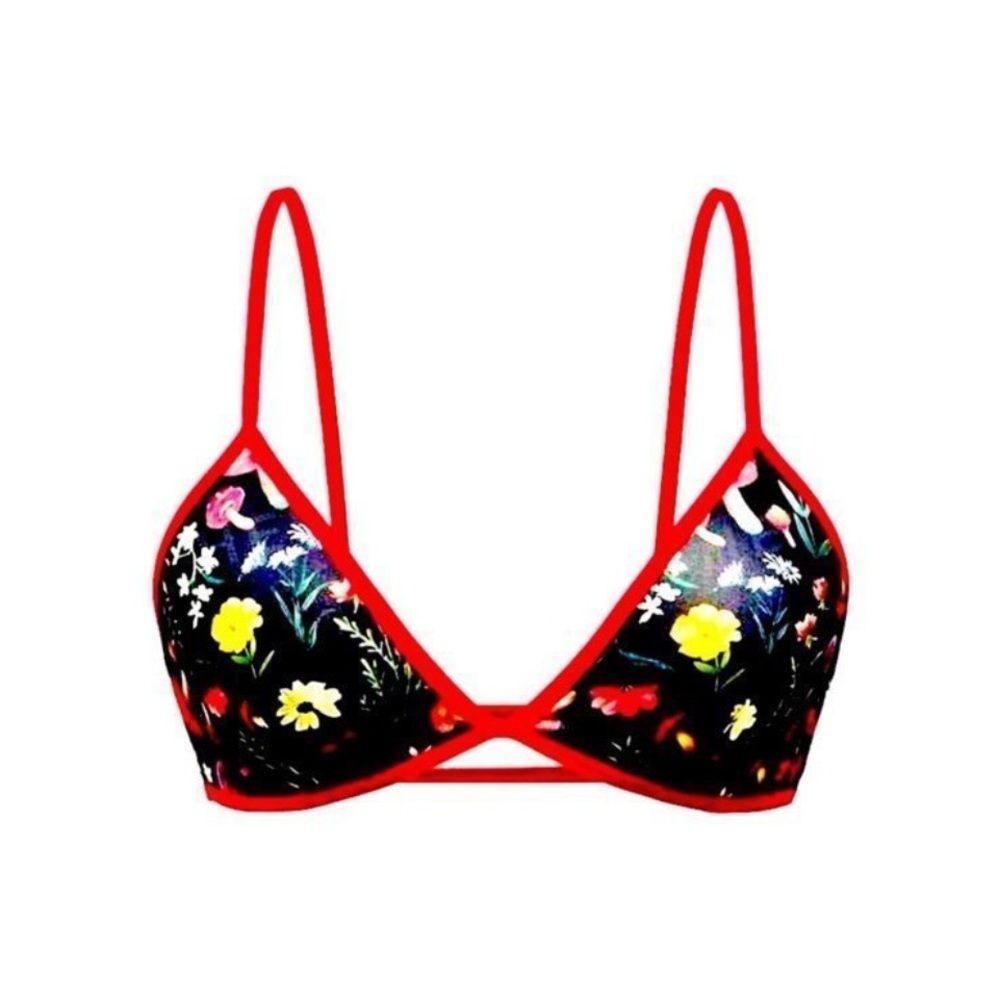 Floral Mesh Triangle Bra with Red Trim - Women Intimates - Picture 2 of 12